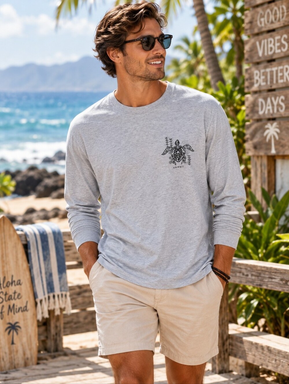 Active USA Heather Gray Long-Sleeve Tee with Turtle Graphic